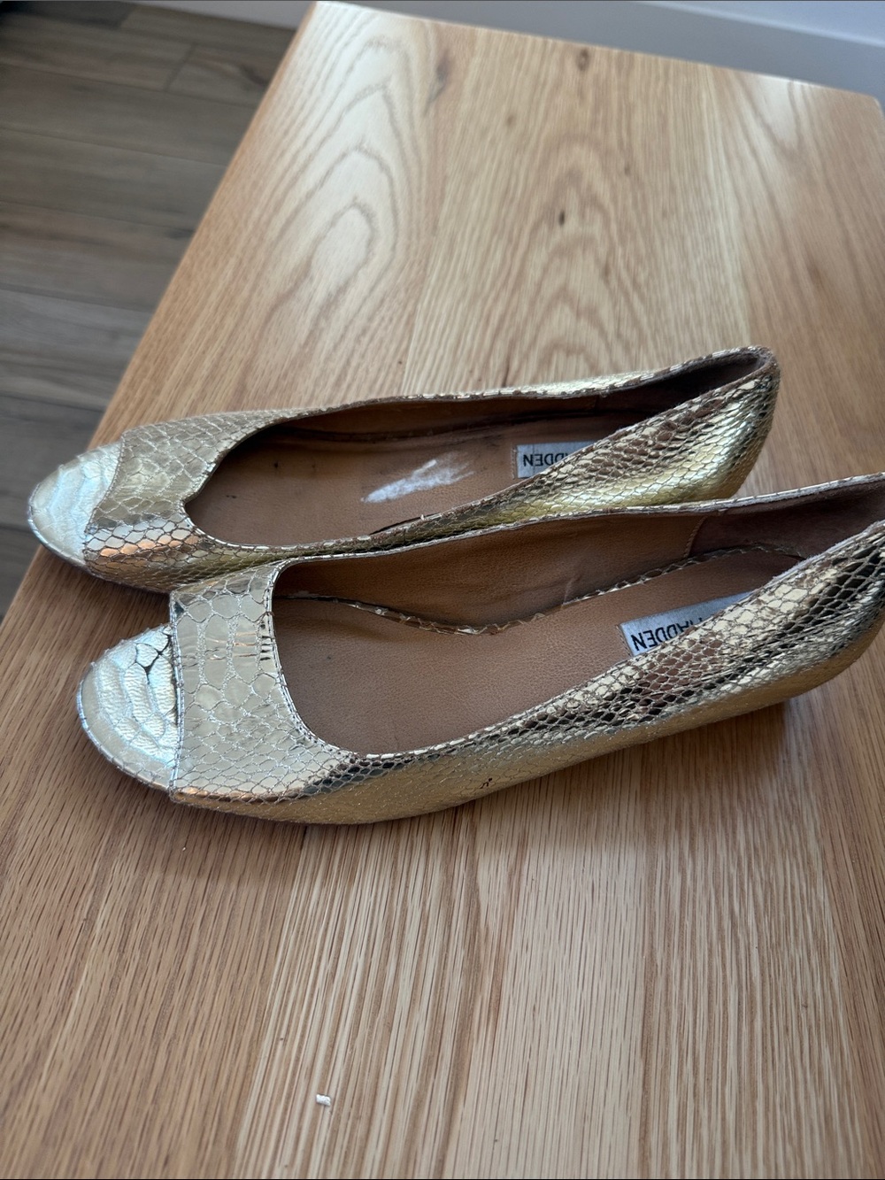 Steve Madden Metallic Gold Snake-Embossed Peep-Toe Flats
